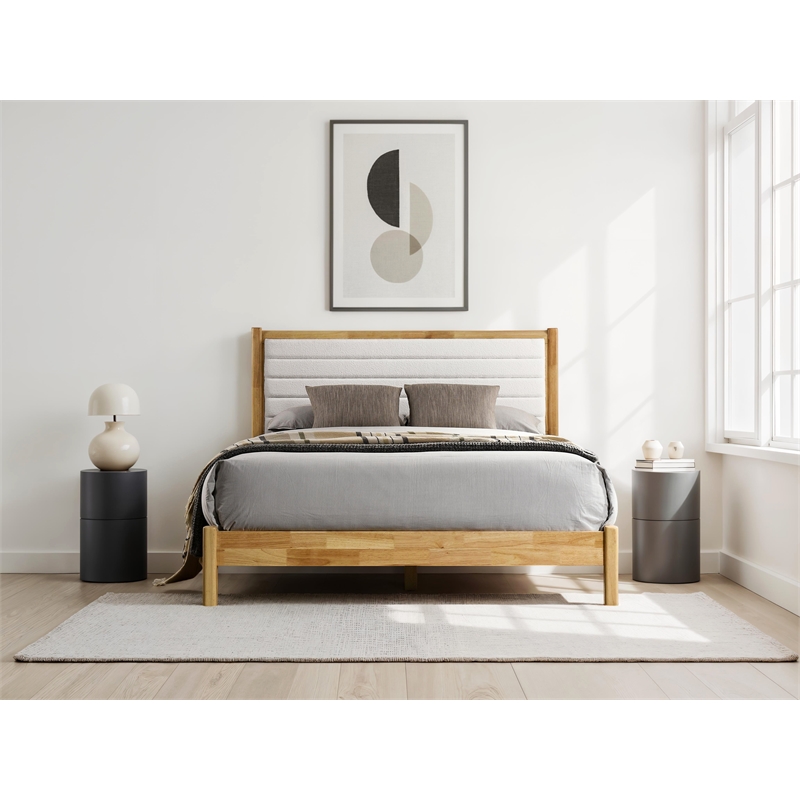 Omax Decor Madeline Wooden Queen Platform Bed in Natural and Cream White Boucle