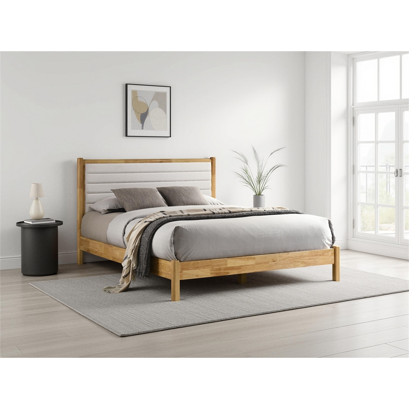 Omax Decor Madeline Wooden Queen Platform Bed in Natural and Cream White Boucle