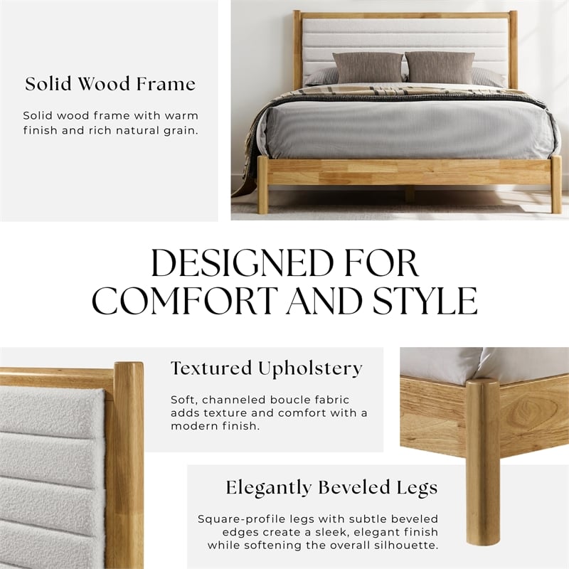 Omax Decor Madeline Wooden Queen Platform Bed in Natural and Cream White Boucle