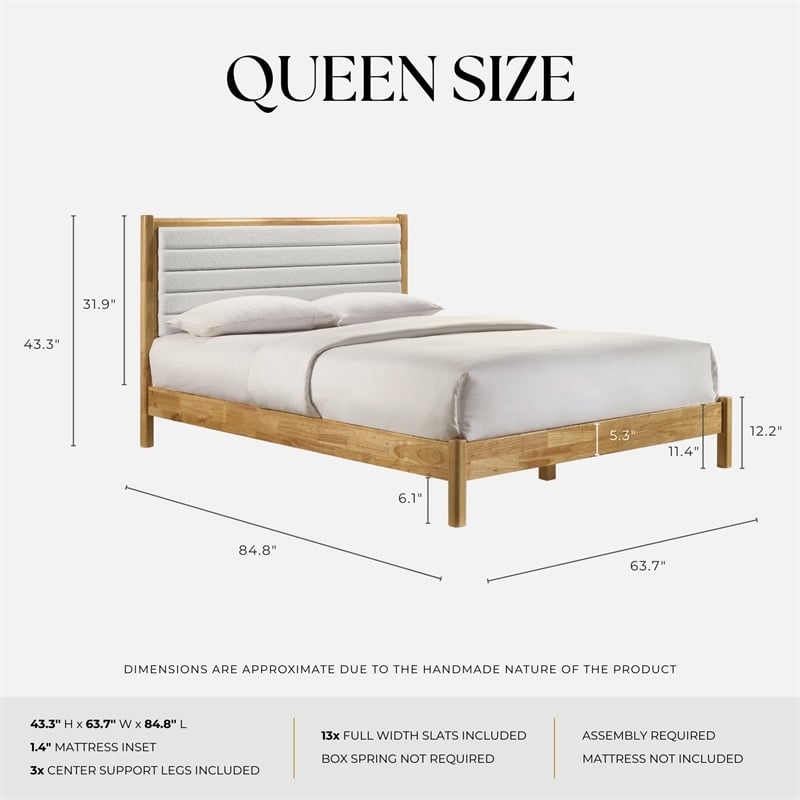 Omax Decor Madeline Wooden Queen Platform Bed in Natural and Cream White Boucle