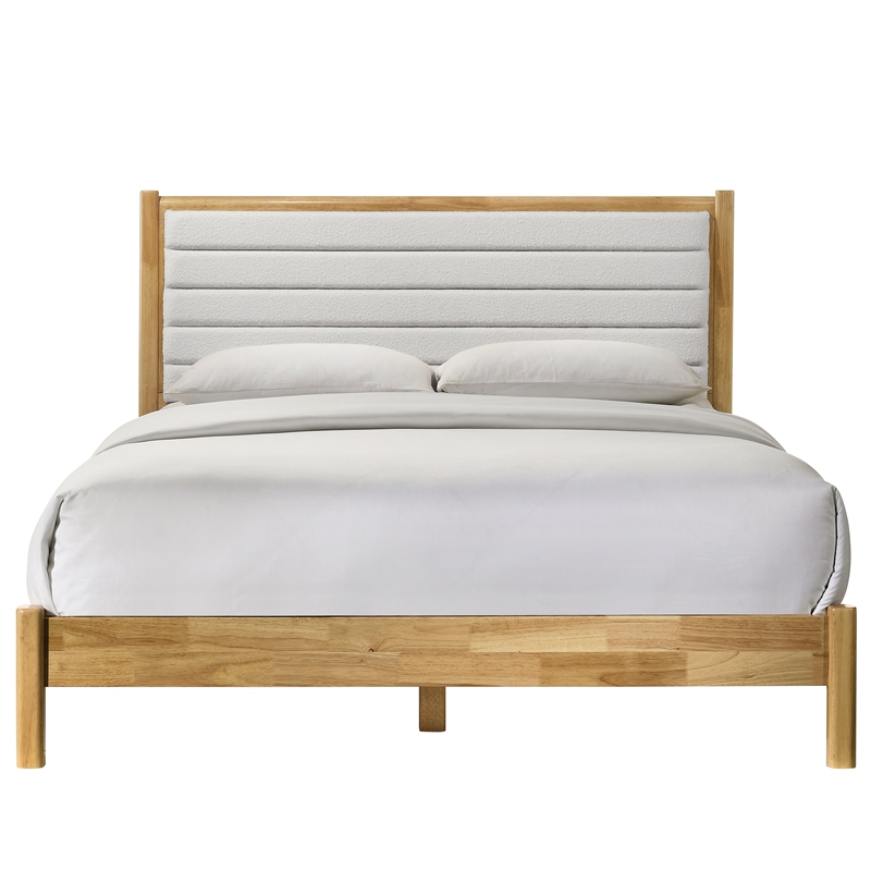 Omax Decor Madeline Wooden Queen Platform Bed in Natural and Cream White Boucle