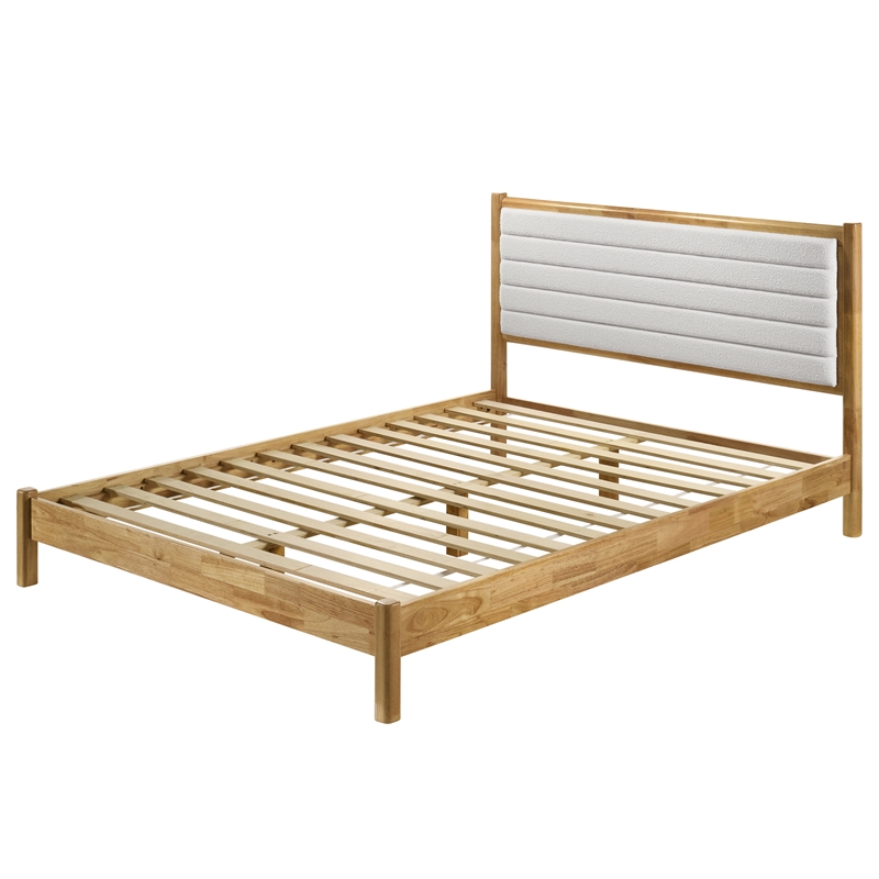 Omax Decor Madeline Wooden Queen Platform Bed in Natural and Cream White Boucle