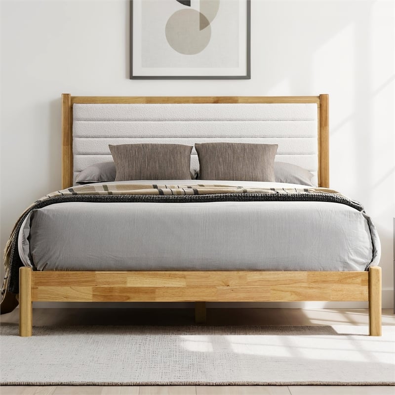Omax Decor Madeline Wooden Queen Platform Bed in Natural and Cream White Boucle