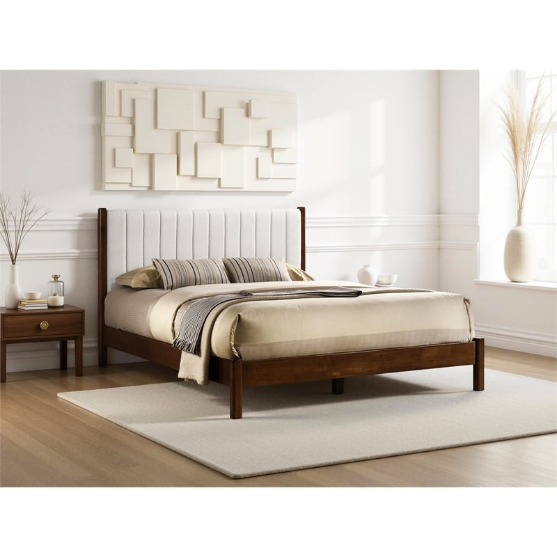 Omax Decor Vivian Wooden Queen Platform Bed in Walnut and Cream White Boucle