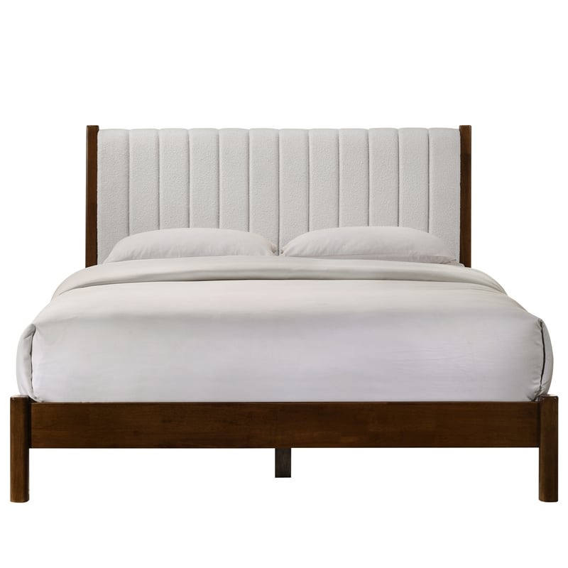 Omax Decor Vivian Wooden Queen Platform Bed in Walnut and Cream White Boucle