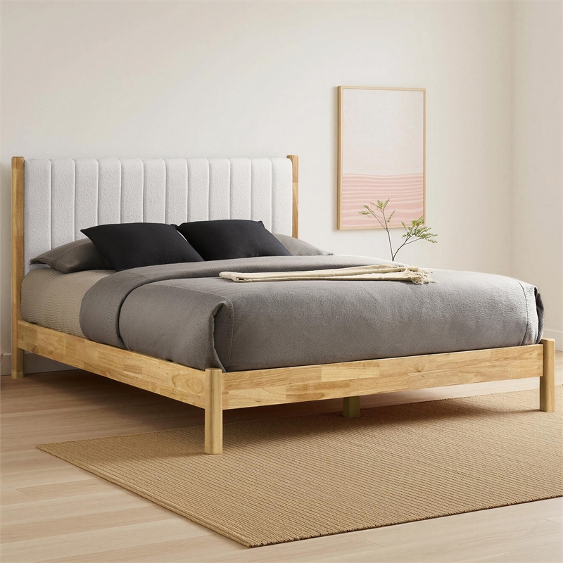 Omax Decor Vivian Wooden Queen Platform Bed in Natural and Cream White Boucle