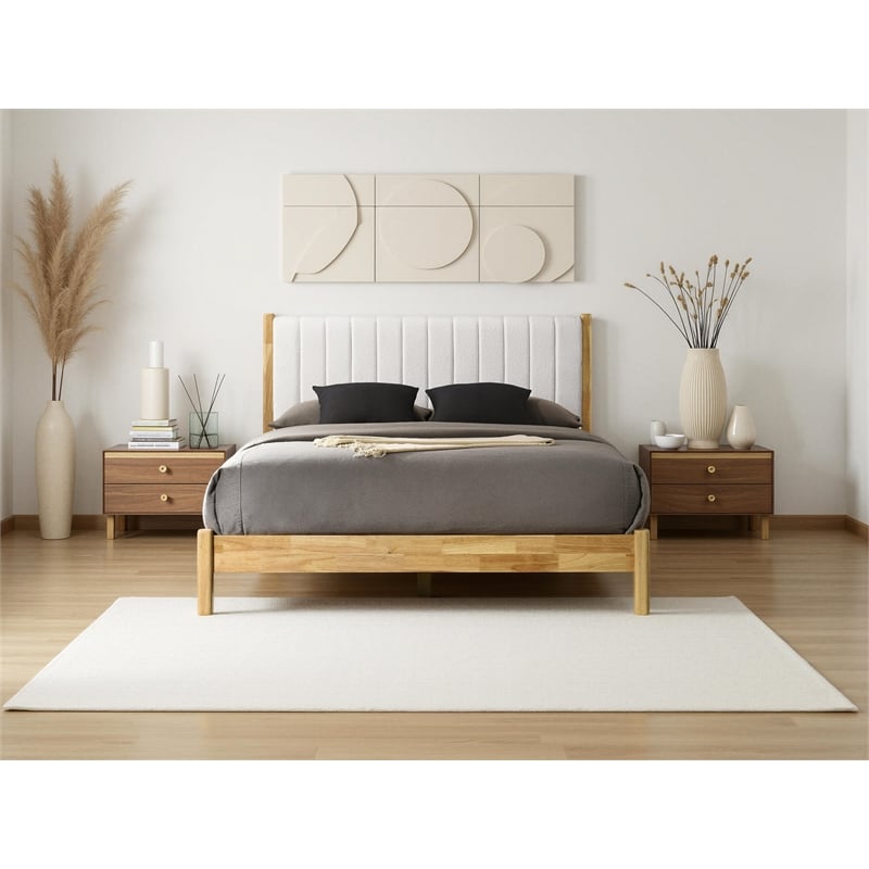 Omax Decor Vivian Wooden Queen Platform Bed in Natural and Cream White Boucle