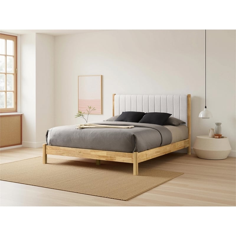 Omax Decor Vivian Wooden Queen Platform Bed in Natural and Cream White Boucle