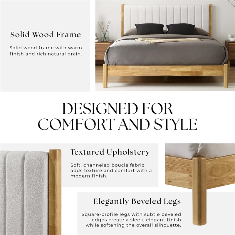 Omax Decor Vivian Wooden Queen Platform Bed in Natural and Cream White Boucle
