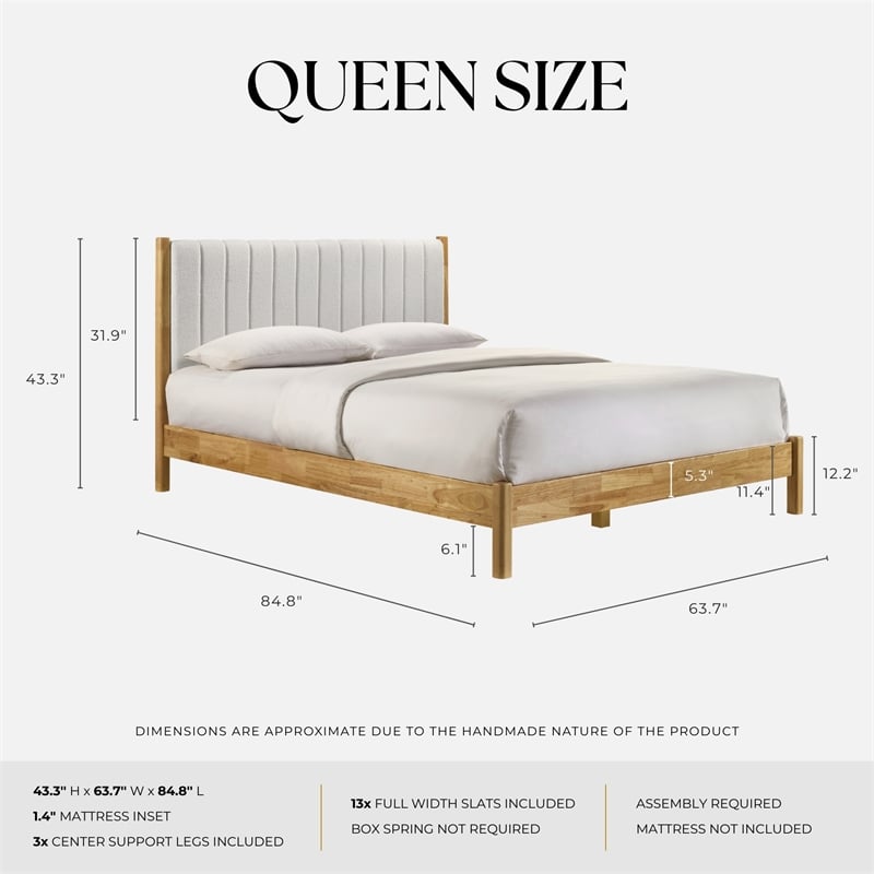 Omax Decor Vivian Wooden Queen Platform Bed in Natural and Cream White Boucle