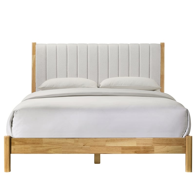 Omax Decor Vivian Wooden Queen Platform Bed in Natural and Cream White Boucle