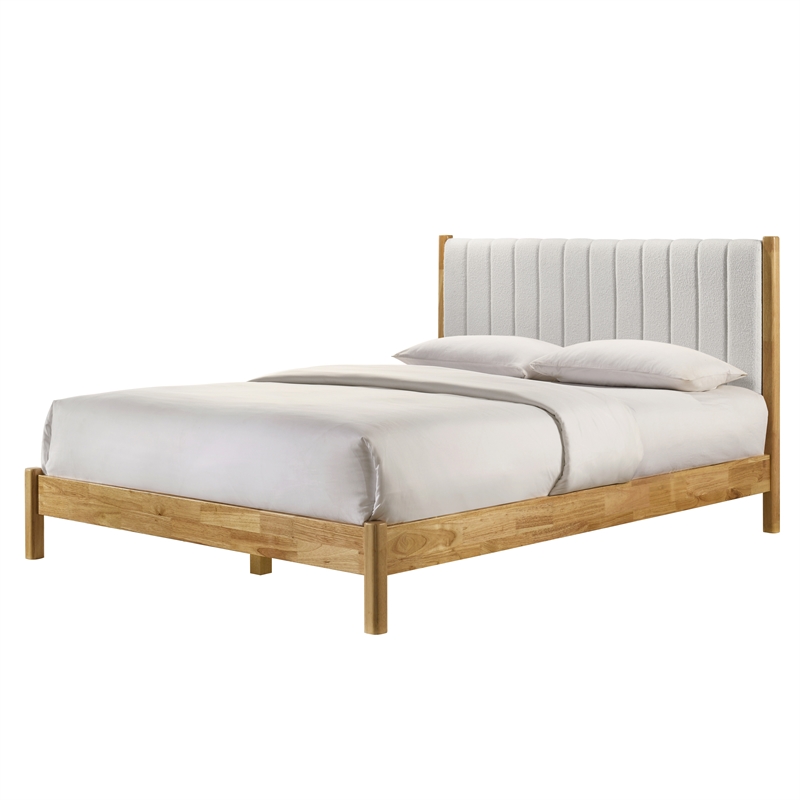 Omax Decor Vivian Wooden Queen Platform Bed in Natural and Cream White Boucle