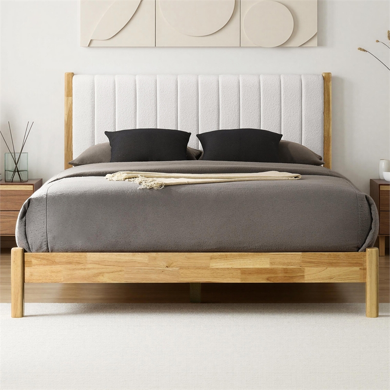 Omax Decor Vivian Wooden Queen Platform Bed in Natural and Cream White Boucle