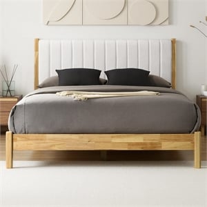Omax Decor Vivian Wooden Queen Platform Bed in Natural and Cream White Boucle