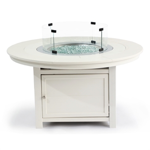vail round poly firepit table in white with glass flame-wind guard set