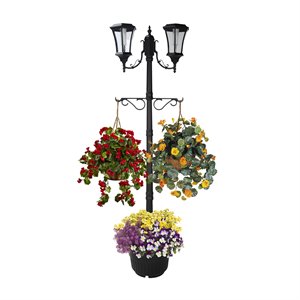 sun-ray martens two head solar lamp post and planter in black