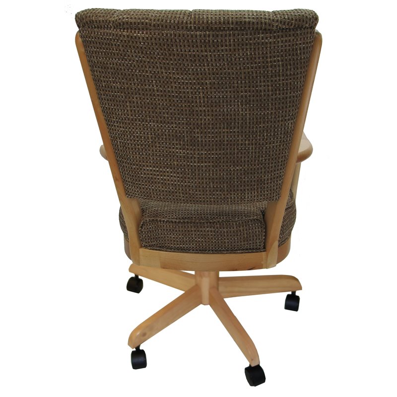 Classic Wood Dining Chair on Wheels - Checkered Brown Fabric - Natural