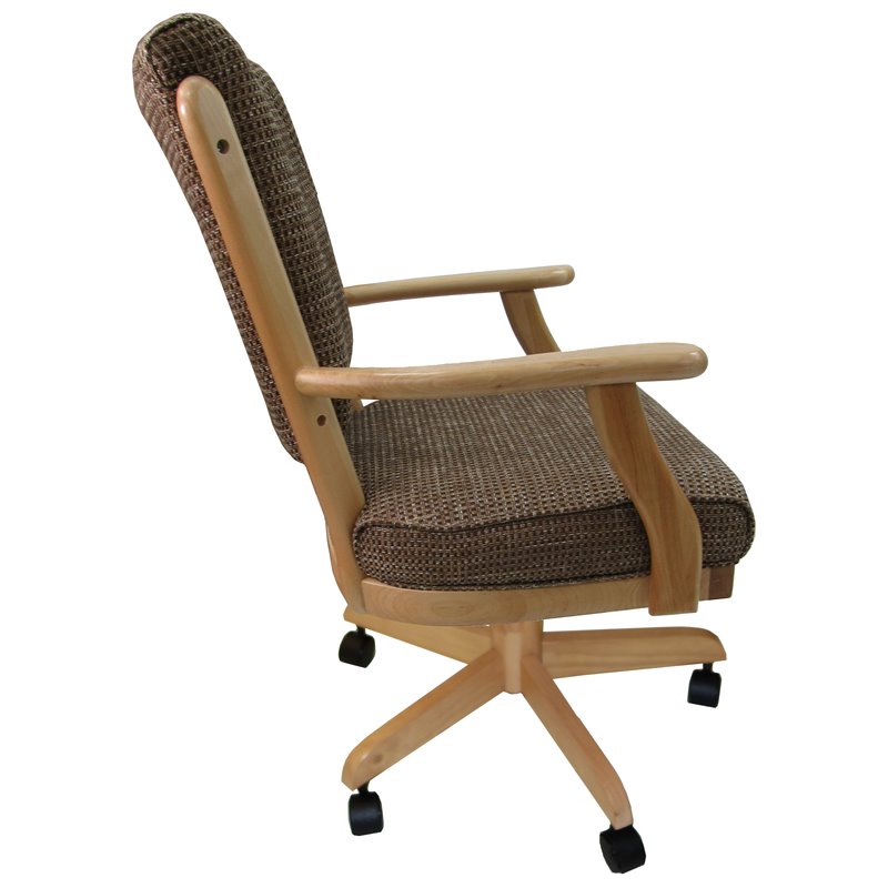 Classic Wood Dining Chair on Wheels - Checkered Brown Fabric - Natural