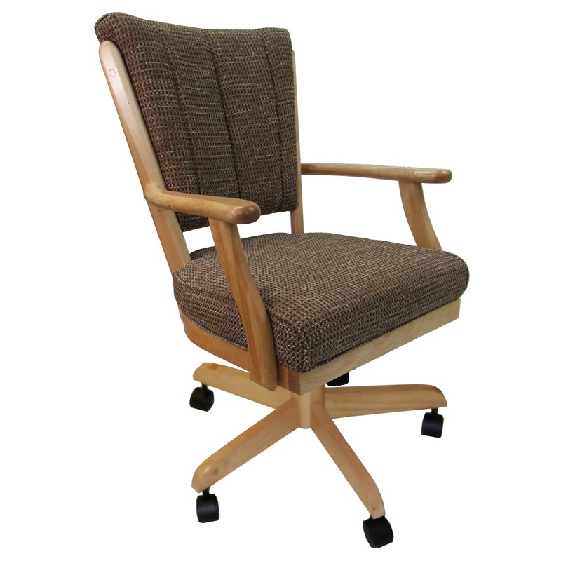 Classic Wood Dining Chair on Wheels - Checkered Brown Fabric - Natural
