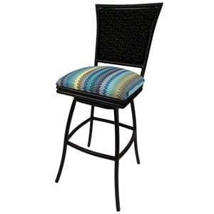Outdoor Swivel Bar Stool 30&quot Seat - Erin - Aqua Stripe Fabric - Black Metal