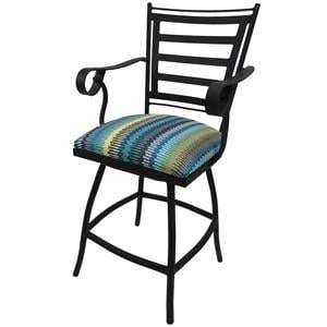 Outdoor Swivel Counter Stool 26&quot Seat - Jenna - Aqua Stripe Fabric - Black