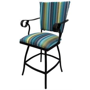 Swivel Counter 26&quot Outdoor Stool Jenna Arms- Aqua Stripe Fabric - Black Metal