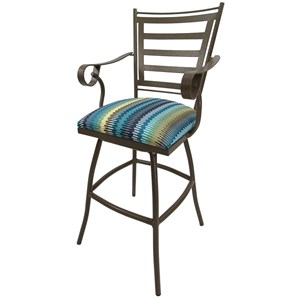 Swivel Metal Bar Stool 30&quot Seat - Jenna Arms -  Aqua Striped Fabric - Beige