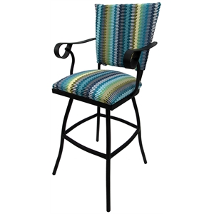 Swivel Outdoor Bar Stool 30&quot Seat - Jenna - Aqua Stripe Fabric - Black