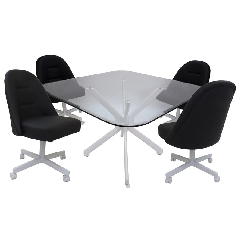M-235 Dinette Swivel Metal Caster Chairs - Clear Glass - Black Vinyl - White