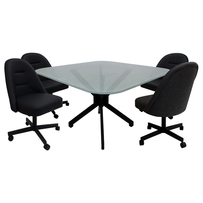 M-235 Dinette Swivel Metal Caster Chairs - Crackle Glass - Black Vinyl - Black