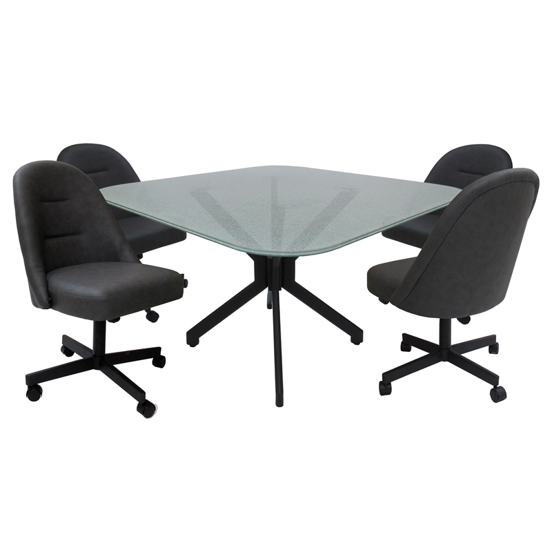 M-235 Dinette Swivel Metal Caster Chairs - Crackle Glass - Grey Vinyl - Black