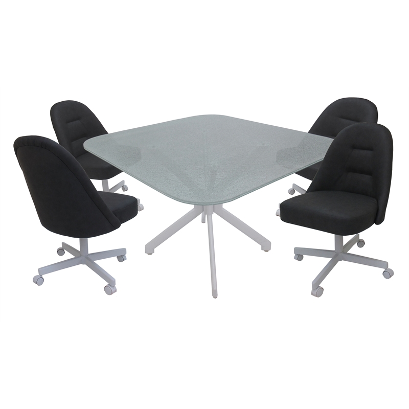 M-235 Dinette Swivel Metal Caster Chairs - Crackle Glass - Grey Vinyl - White