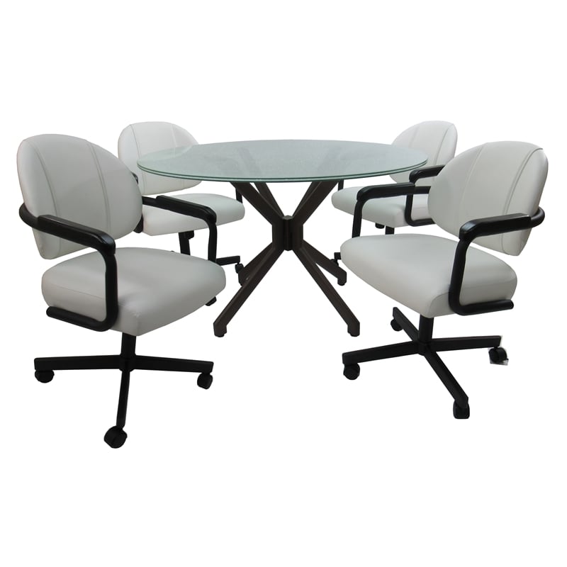 M-70 Dinette Swivel Metal Caster Chairs - Crackle Glass - White Vinyl - Black