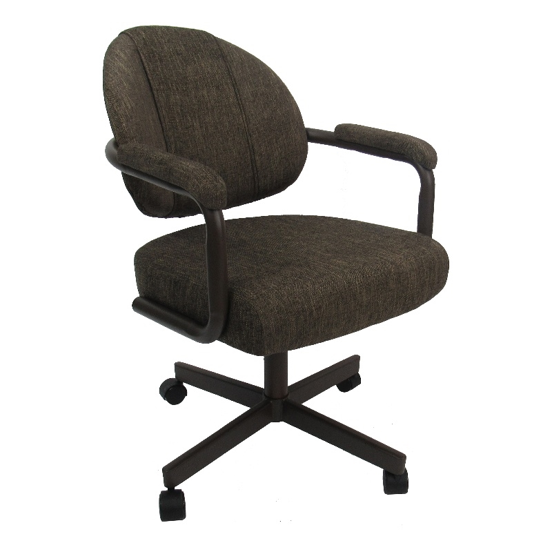 Swivel Tilt Dining Arm Caster Chair in Sanora Brown Fabric on Brown Frame