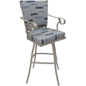 Outdoor/Indoor Bar Stool 30&quot Jamey - B-W Blue Beige Fabric - Beige Frame