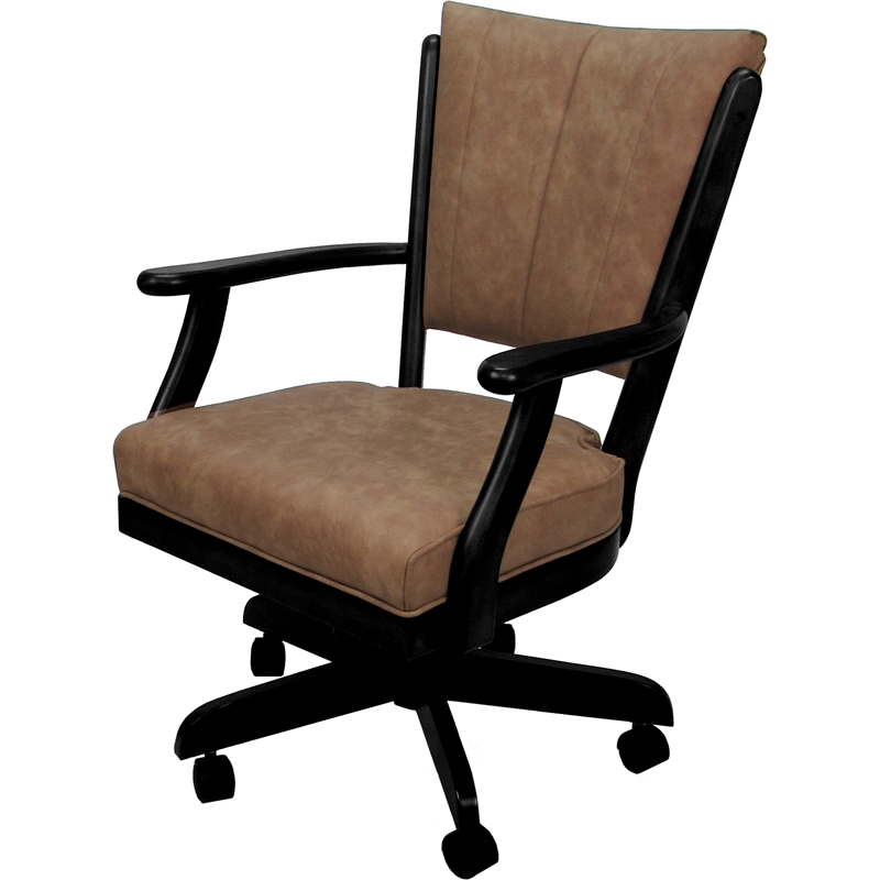 Classic Caster Solid Wood Dining Chair - Pecan Brown Vinyl - Black Frame