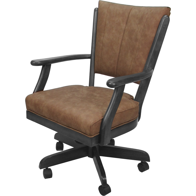 Classic Caster Solid Wood Dining Chair - Pecan Brown Vinyl - Gray Frame