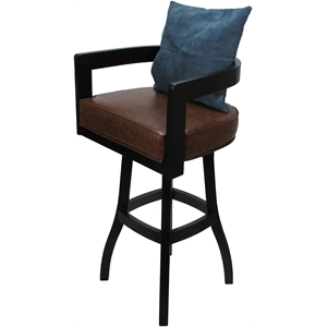 Swivel Wood Bar Stool - Kadir Brown Vinyl - Black - Blue Pillow