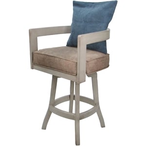 Swivel Wood Counter Stool 26&quot Seat - Kadir - Tan Vinyl - Beige - Blue Pillow