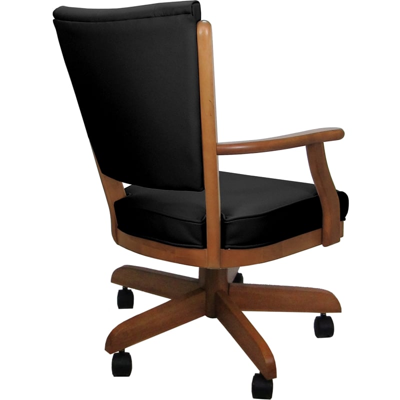 Leather Classic Caster Solid Wood Dining Chair - Black on Honey Frame