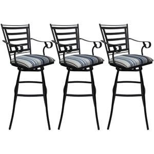 Set of 3 Outdoor Indoor Bar Stool 30&quot - Jenna Arms - DW Blue Fabric - Black
