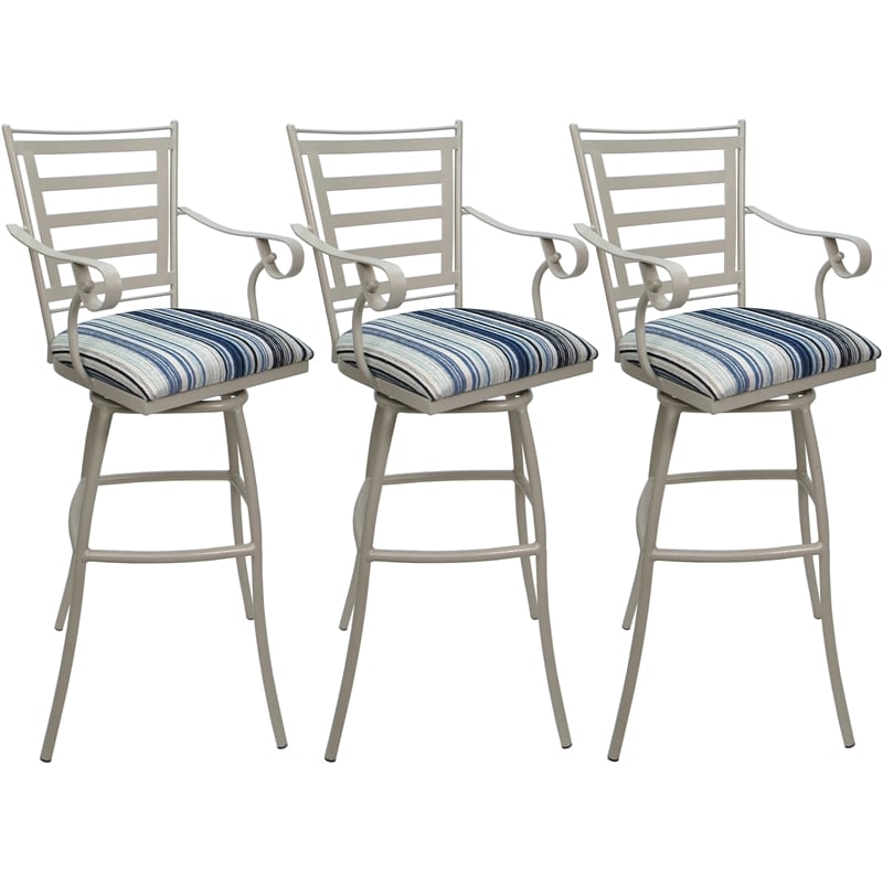 Set of 3 Outdoor Indoor Extra Tall Stool - Jenna Arms - DW Blue Fabric - Beige
