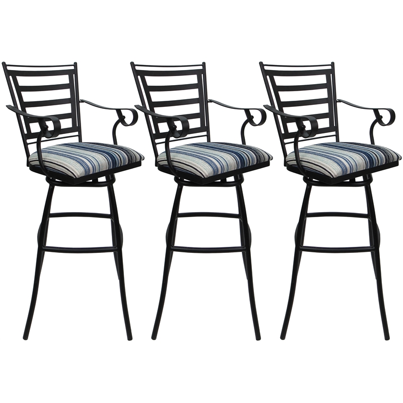 Set of 3 Outdoor Indoor Extra Tall Stool - Jenna Arms - DW Blue Fabric - Black