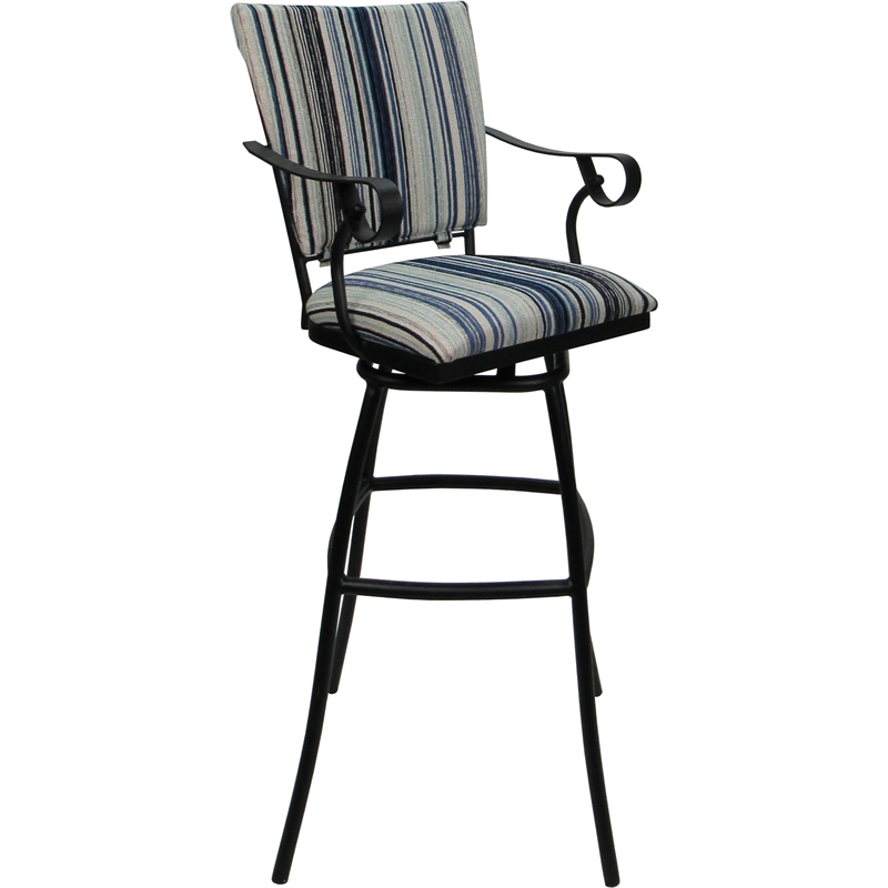 Set of 3 Outdoor Indoor Counter Stools - Jenna PB Arms - Blue Fabric - Black