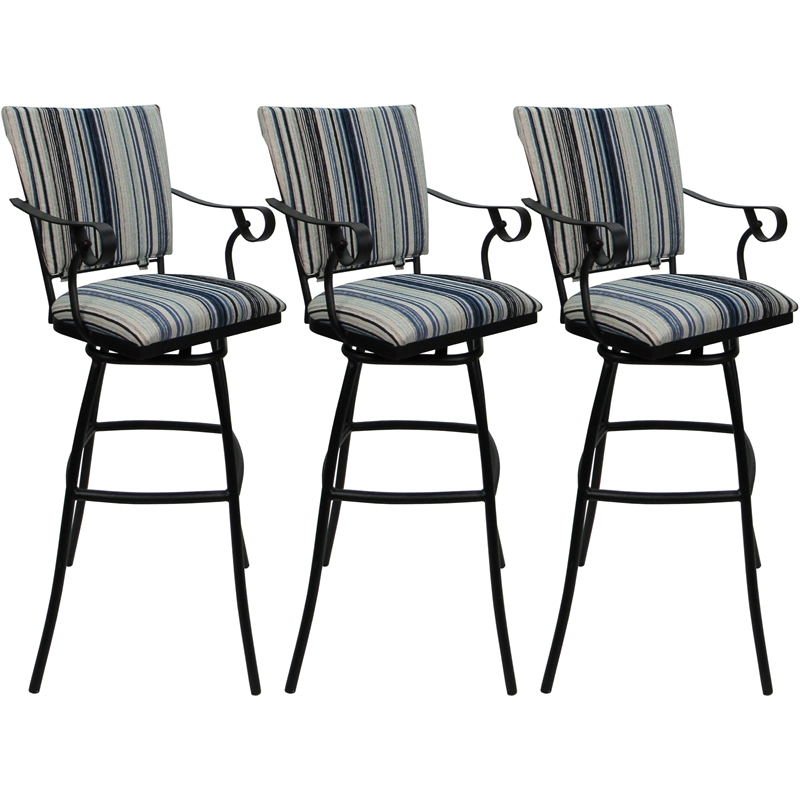Set of 3 Outdoor Indoor Counter Stools - Jenna PB Arms - Blue Fabric - Black