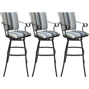 Set of 3 Outdoor Indoor Counter Stools - Jenna PB Arms - Blue Fabric - Gray