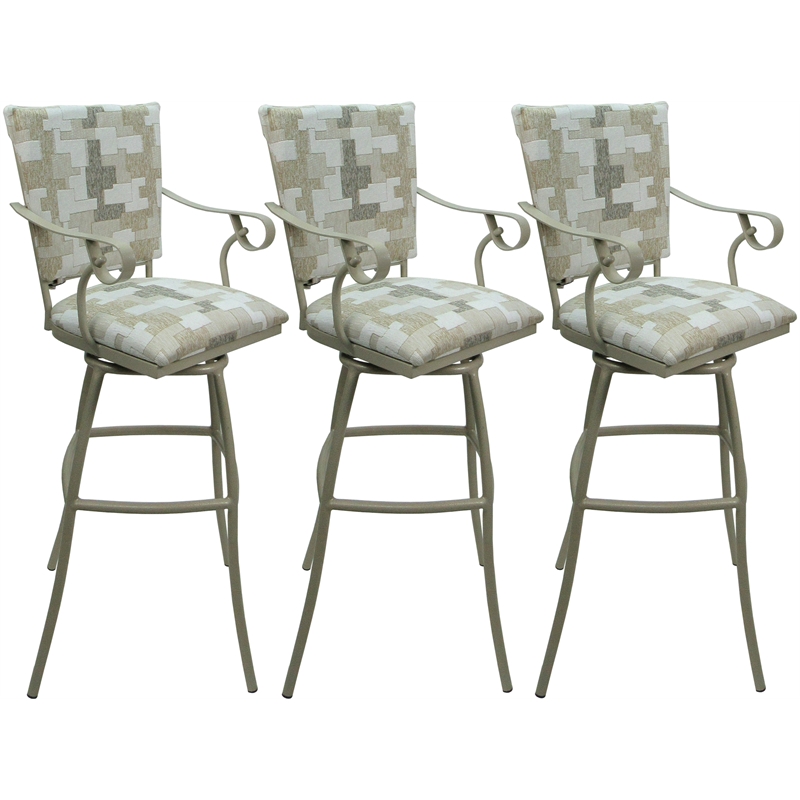 Set of 3 Outdoor Indoor Bar Stools - Jenna PB Arms - White Fabric - Beige