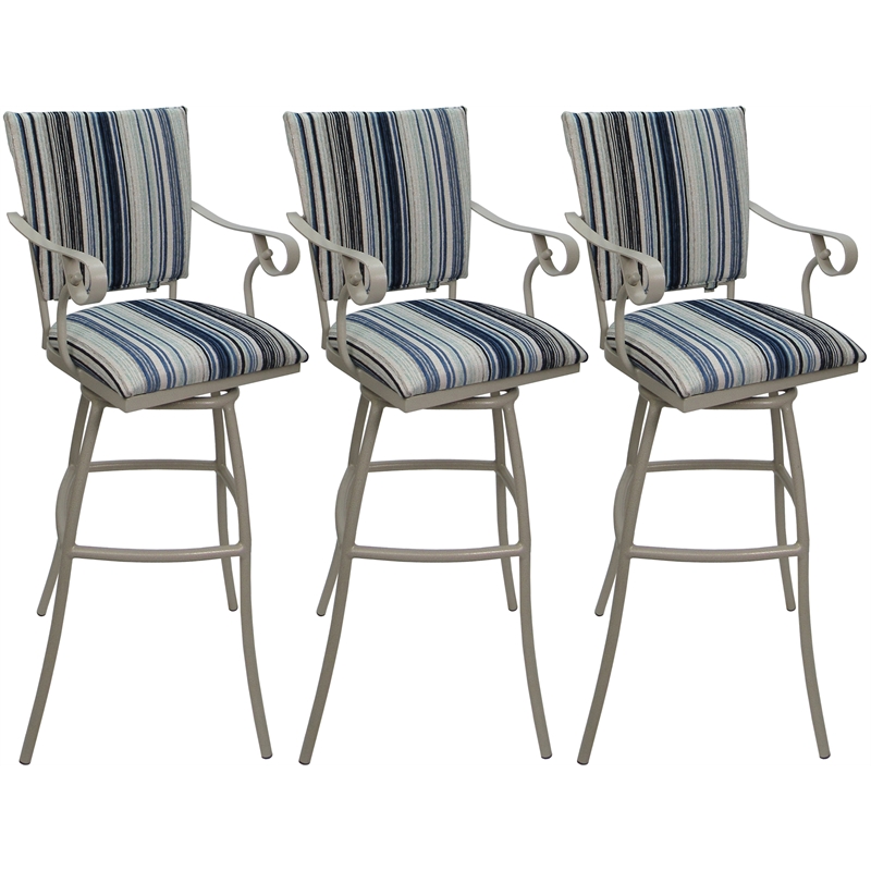 Set of 3 Outdoor Indoor Bar Stools - Jenna PB Arms - Blue Fabric - Beige