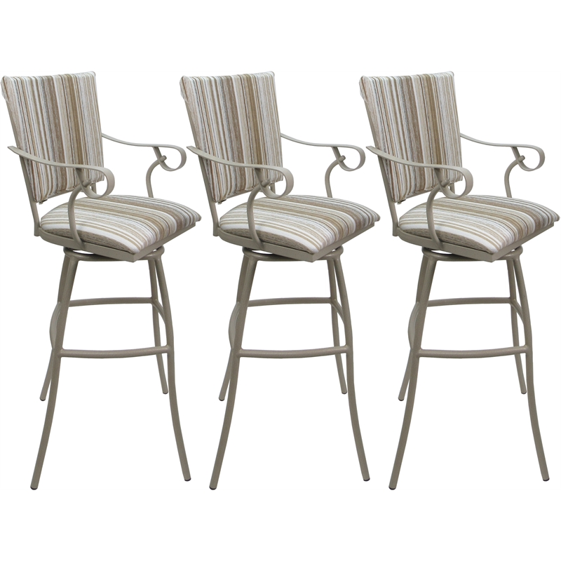 Set of 3 Outdoor Indoor Bar Stools - Jenna PB Arms - White Fabric - Beige
