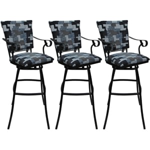 Set of 3 Outdoor Indoor Bar Stools - Jenna PB Arms - Flint Fabric - Black